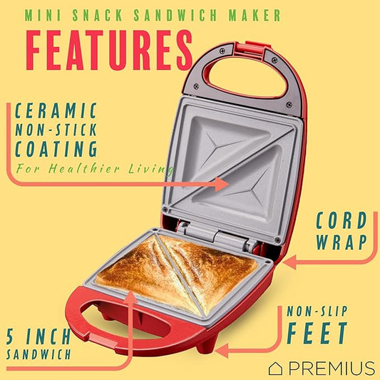 Ceramic NonStick Mini Snack Sandwich Maker, Indicator Light, 5x4.4 Inch Mold, Great for French Toast, Tuna Melt, Egg & Grilled Cheese, Pancake Sandwich, Desserts, Toasties, 520 W (Red)