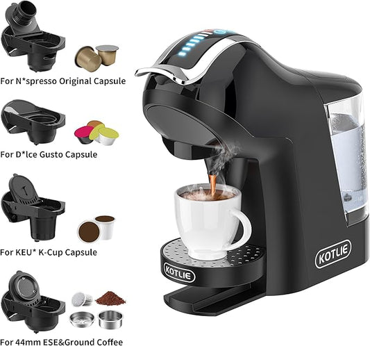 KOTLIE Single Cup Coffee Maker, Multi Capsule Machine Compatible With Various Capsule Types, 4 Temperature Settings, 7 Water Volume Levels,19 Bar(Glossy Black)
