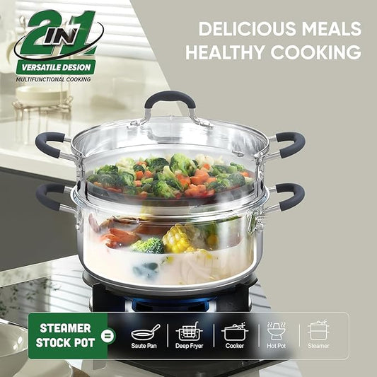 SUNHOUSE - 3.1 Quart Steamer Pots With Lid 2-Tier Multipurpose Stainless Steel Steaming Pot Cookware With Handle For Vegetable, Dumpling, Sauce, Food - Triple Bottom, Measurement Line