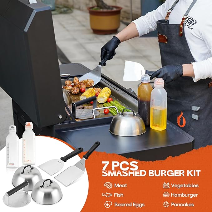 Onlyfire 7PCS Griddle Accessories Kit for Cooking Indoor or Outdoor, Multifunctional Grill Utensil for Blackstone Including Melting Dome, Grill BBQ Spatulas, Chopper/Scraper, Liquid Dispensers, Grill Press Great