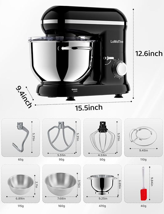 LoMoTive Stand Mixer 6QT Dough Maker - 660W Dough Mixer 6-Speed Electric Mixer with Egg Whisk Dough Hook Flat Beater for Home Kitchen BLACK