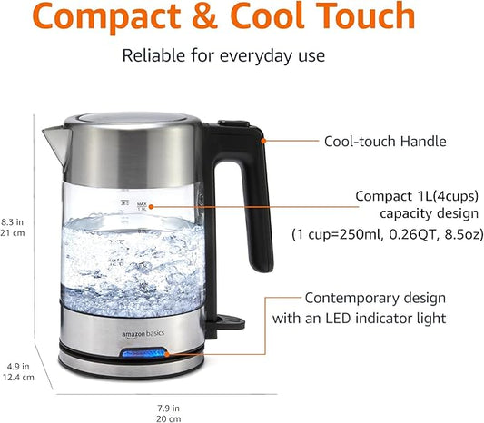 Amazon Basics Electric Kettle with Glass Carafe for Tea and Coffee, BPA-Free, Fast Boiling, Auto Shut-Off, 1 Liter, 1500W, Glass and Steel