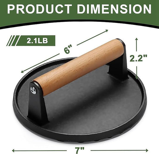 Cast Iron Grill Press with Ribbed Base, 2LB 7 Inch Round Smash Burger Press with Wood Handle, Heavy Duty Bacon Press & Meat Weight for Perfect Searing, Nonstick Kitchen Tool for Stovetop, Griddle, BBQ