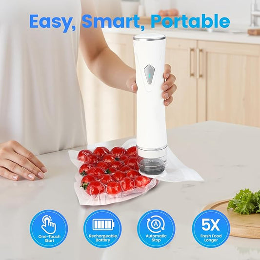 Vacuum Sealer for Food with Visible Tank, Handheld Vacuum Sealer Machine with 30 Reusable Bags for 5X Longer Freshness, Wireless & Portable, White