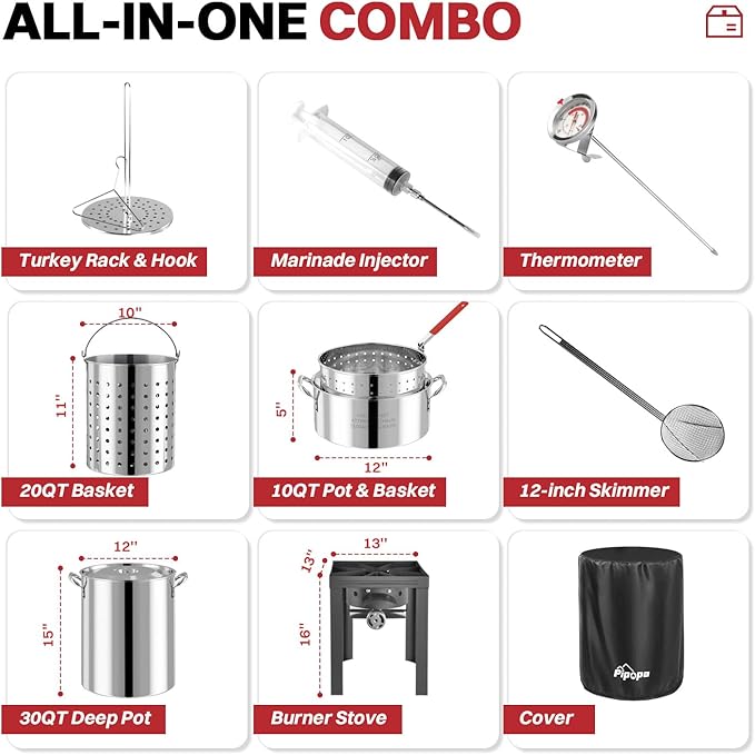 30QT Stainless Steel Turkey Fryer | Outdoor Fryer | Cover & Skimmer Included | Seafood Boil Pot | 50,000BTU Propane Burner | Deep Fryer Pot with Basket | Crab, Seafood & Crawfish Boiler