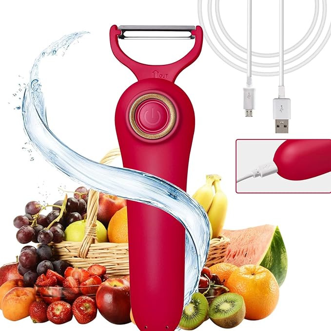 Electric Potato Peeler, Handheld Electric Vegetables and Fruit Peeler 3-in-1 Pro Set, USB Rechargeable Kitchen Gadgets for Apples, Potato, Carrots, Cucumber (Red)
