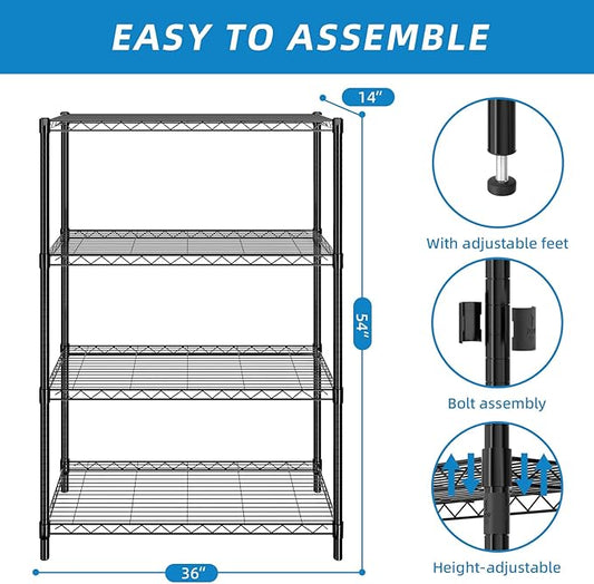 4-Shelf Adjustable Metal Shelf Wire Shelving Unit Storage Rack Display Shelf for Office,Kitchen,Bedroom,Bathroom,Laundry,Pantry Basement,Garage(Black,36" L x 14" W x 54" H)