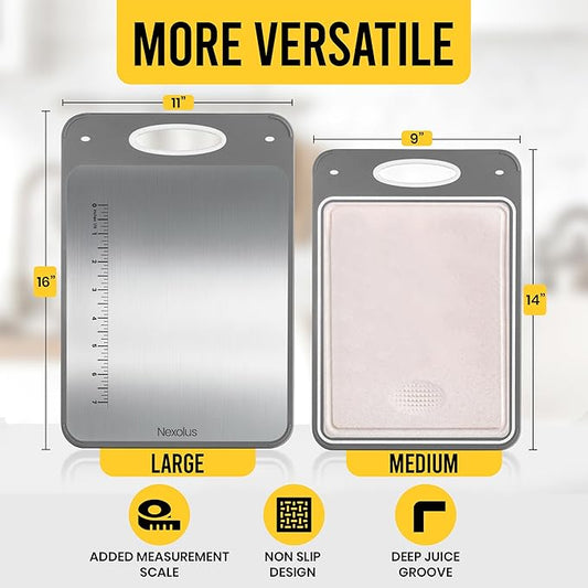 Nexolus 2 Pack Titanium Cutting Board Set, Large Double Sided - 16x11" + 14x9" - Stainless Steel Cutting Board for kitchen with Deep Juice Groove, Built-In Measurement Scale & Easy to Clean