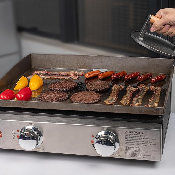 SHINESTAR Burger Press, 7" Cast Iron Smash Burger Press for Blackstone Griddle, Ideal for Patty, Burger, Bacon, Pre-Seasoned, Indoor and Outdoor Cooking, Round