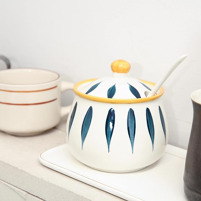Ceramic Sugar Bowl with Lid and Spoon – 12 oz Sugar Container for Kitchen Counter, Coffee Bar and Home, Farmhouse Sugar Jar for Coffee, Tea, and Baking, Sugar Pot Dishwasher Safe