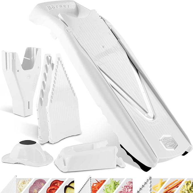 Mandoline Food Slicer Börner V5 (Profi Set) by Reston Lloyd • V-Slicer with 4 Inserts, Docking Station & Food Holder • Made in Germany • Fruit & Vegetable Chopper • Multiple Settings • Color: White
