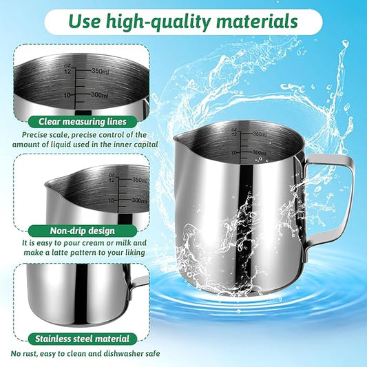 4 Pcs Milk Frothing Pitchers, 12 Oz 304 Stainless Steel Espresso Steaming Pitchers with Measuring Markers, Heat Resistant Rustproof Barista Pitcher Tools for Home, Coffee Shops (Silver)