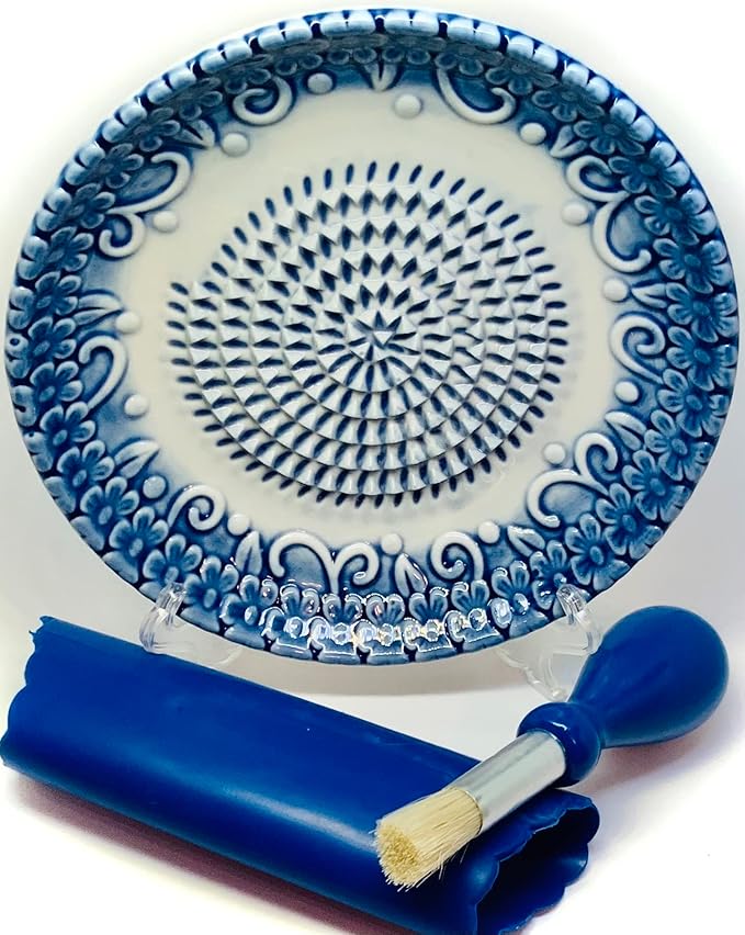 All-in-one Premium Ceramic Garlic Grater Plate 4-Piece Set - Blue Embossed Design and Style - For Garlic, Ginger, Chocolate, and more! - Comes with 5.25" Plate, Peeler, Brush, and Stand