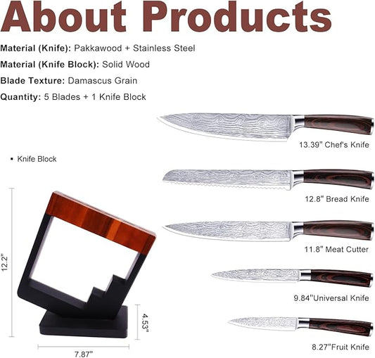 5 Piece Kitchen Knife Set with Block - High Carbon Stainless Steel Sharp Blade Chef Knives Sets with Ergonomic Wood Handle, Kitchen Knife Block Set for Home Cooking -5