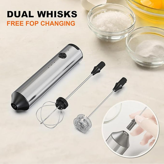 Soenglyun Rechargeable Milk Frother with Stand, 3 Speeds Drink Mixer Handheld with 2 Heads, Electric Frother Wand for Coffee, Latte, Cappuccino, Hot Chocolate, Matcha and Egg Mini Frother, Silver