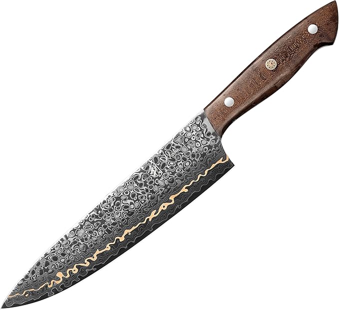 Wakoli Kawa Chef Knife, 7.9-Inch Blade Damascus Knife | 67-Layer Damascus Steel with VG10 Core | Copper Inlay | Maple Stabilized Wood Handle | Professional Kitchen Knife