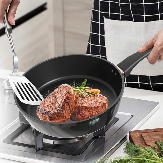 Sunhouse 10 inch Ultra Titanium Nonstick Coating Aluminum Pan with 4-Layer Non-stick Coating, Non-Toxic, PTFE PFOA & PFAS Free, Stay-Cool Handle, Compatible with All Stovetops