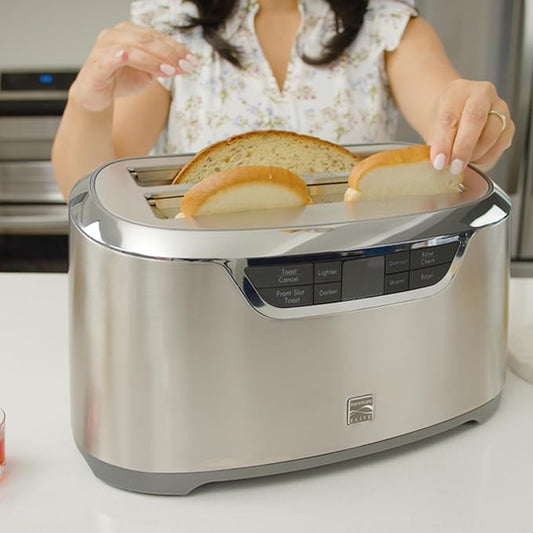 Kenmore Toaster 4 Slice - Extra Wide Slot Countertop Kitchen Appliance, Defrost Function, Grille-Pain, 9 Shade Settings, Easy Clean Crumb Tray, Bread Bagel, Stainless Steel & White (Silver)