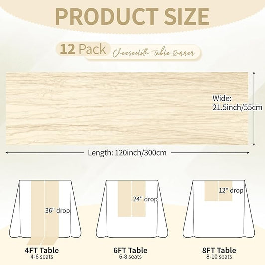 12 Pack Ivory Cheesecloth Table Runner 10Ft, Gauze Table Runners 21.5 x 120 inch,Semi Sheer Cheese Cloth Fabric Runner Bulk for Wedding,Party,Baby Shower,Bridal Shower