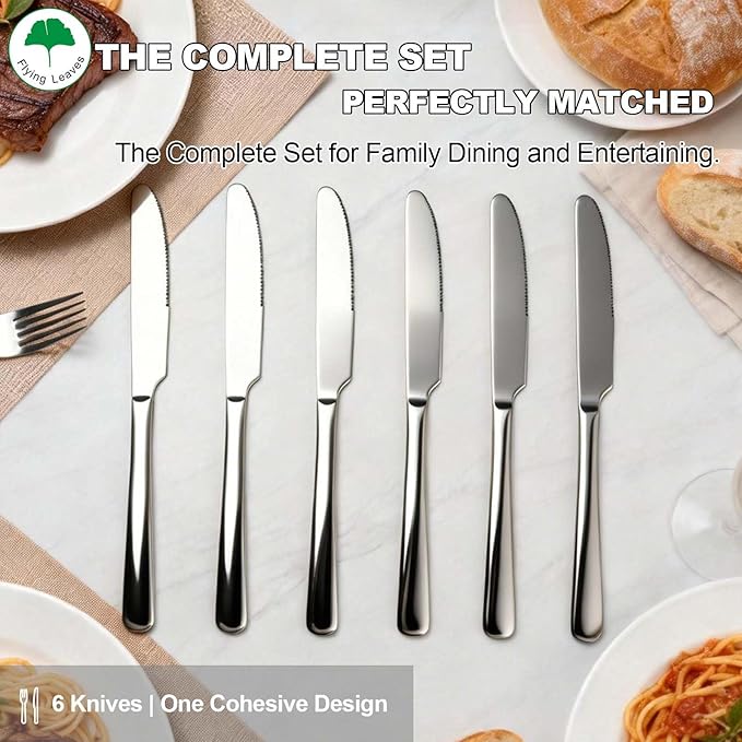 6 Piece Stainless Steel Dinner Knives Set, 9 Inch Table Knives with Mirror Polished Blade, Serrated Edge Cutlery for Kitchen, Dishwasher Safe - Ideal for Home, Restaurant, Gifting