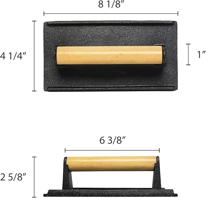 TrueCraftware- 4 1/8" x 8 1/4" Steak Weight Cast Iron with Wooden Handle - Grill Press Bacon Press Meat Steak Sandwich for Griddle Grill Press Burger Press Griddle Press Meat Press
