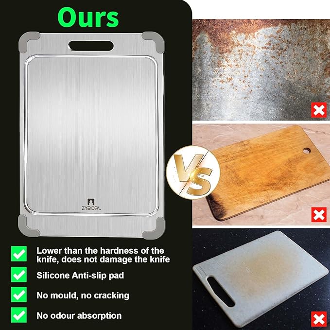 ZYBIDEAL 100% Pure Titanium Cutting Board with Grooves, Update Double Side Titanium Chopping Board, Silicone Anti-slip Stainless Cutting Boards for Kitchen 9 * 13 IN, Grey