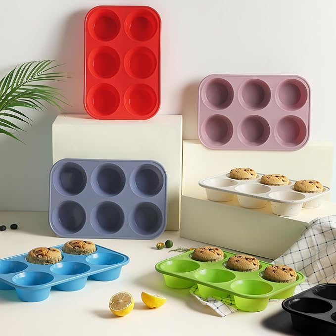 Socisen 2 Pack 6 Cups Silicone Jumbo Muffin Pan with Metal Reinforced Frame Silicone Molds Cupcake Cake Baking Pans Egg Bites Muffin Tin Tart Pans Bundt Pan Reposteria Accesorios Moldes Para Pasteles