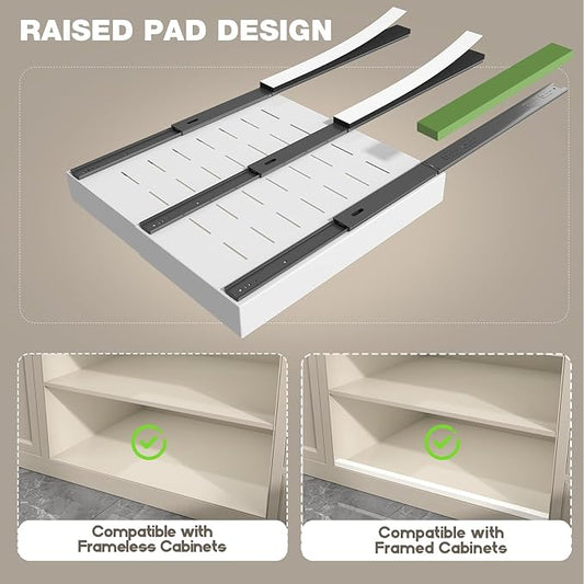 2 Pack Pull Out Cabinet Organizer 22" Deep,Full Extension 3 Slide Rails Slide Out Drawers With Raising Pad for Framed Cabinets,Expandable Width (12.3"-20.5"),No Drill Roll Out shelf,White