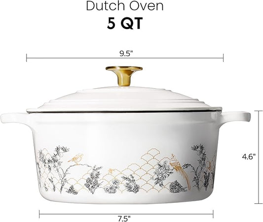 CAROTE 5QT Cast Iron Dutch Oven Pot with Lid, Enameled Floral Dutch Ovens with Gift Box, Cast Iron Pot for Sourdough Bread Baking, Braising, Stews, Roasting, Dual Handles, Healthy & Non-Toxic, All Stovetop Compatible, Oven Safe up to 500° F, White