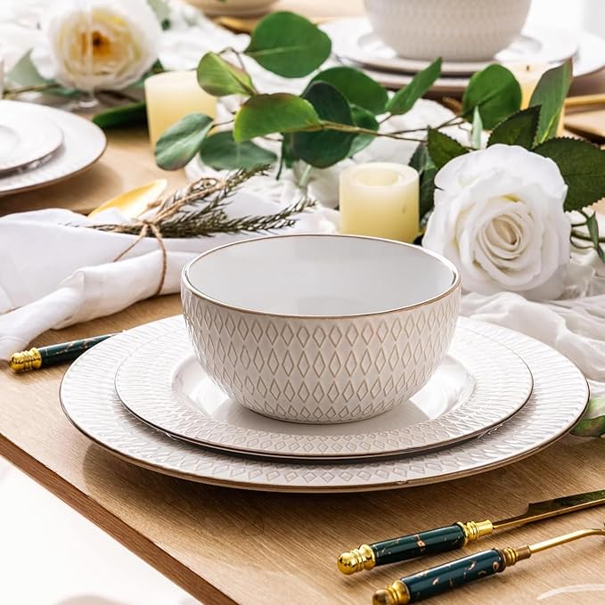 GBHOME Ceramic Dinnerware Sets,12 pcs Embossed Elegant Stoneware Plates and Bowls Sets, Housewarming Wedding Gift | Dishwasher & Microwave Safe | Dishes Set Service for 4