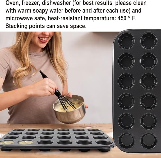 DRAONGYE 2 Packs Round Muffin Baking Pan, Premium Steel Muffin Pan for Baking, Nonstick Cupcake Tin Cheesecake Pans, Bakeware Muffin Top Pan (24 Cups, Black)