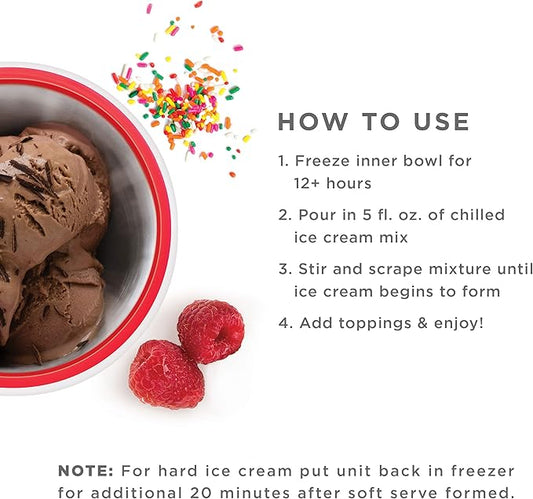 ZOKU Ice Cream Maker, Compact Make and Serve Bowl with Stainless Steel Freezer Core Creates Soft Serve, Frozen Yogurt, Ice Cream and More in Minutes, BPA-free, Red