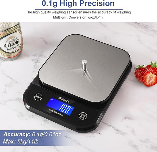 BOMATA Waterproof Kitchen Scale, 0.1g/0.01oz High Precision, 5kg/11lb, Washable, USB Rechargeable, Digital Scale for Food,Cooking, Baking, Weight Loss, Black&Grey