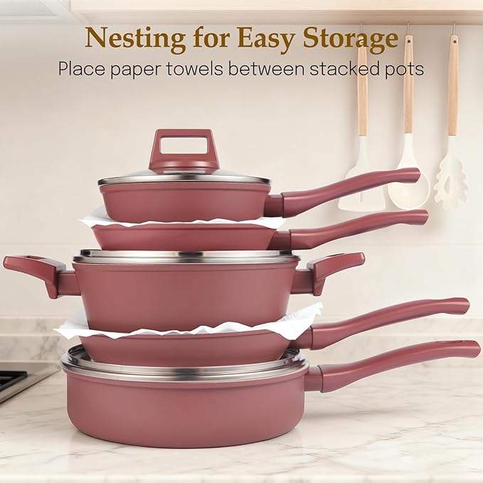 Pots and Pans Set Non Stick, 11-Piece Nonstick Induction Cookware Set, Non-Toxic Kitchen Cooking Set with Frying Pans, Saucepan, Stock Pot, PFOA Free, Red Brown
