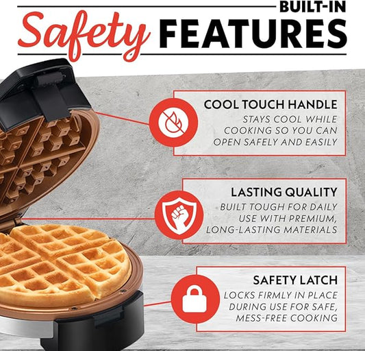 Gourmia Belgian Waffle Maker – Compact Design with Upright Storage, Adjustable Browning, and Easy-Clean Nonstick Ceramic Plates, Stainless Steel