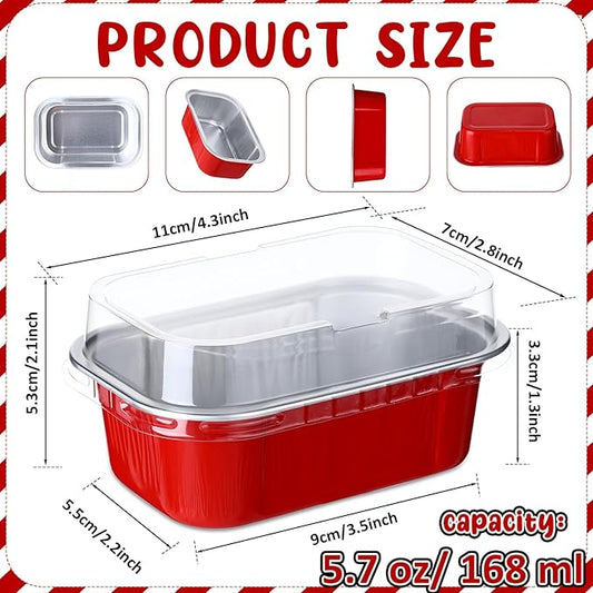 Vesici 100 Sets Mini Loaf Pans with Lids, 5.7 oz Disposable Aluminum Foil Baking Cups, Rectangle Cake Pans for Pudding Desserts Muffin Baking Storage Valentines Wedding Birthday Party(Red)