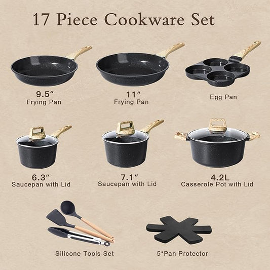 GiPP Ceramic Pots and Pans Set Non Stick - 17 Pcs Nonstick Cookware Set, Non-toxic Healthy Kitchen Cooking Set w/Frying Pans Set, Dishwasher Safe, PFAS PTFE PFOA PFOS Free