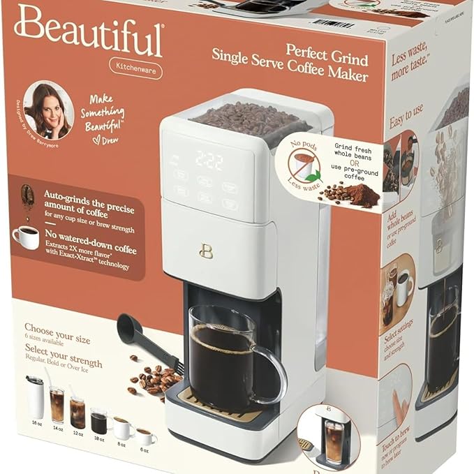 Beautiful Perfect Grind Programmable Single Serve Coffee Maker, Burr Grinder, 64 oz Reservoir, 6 Brew Sizes by Drew Barrymore