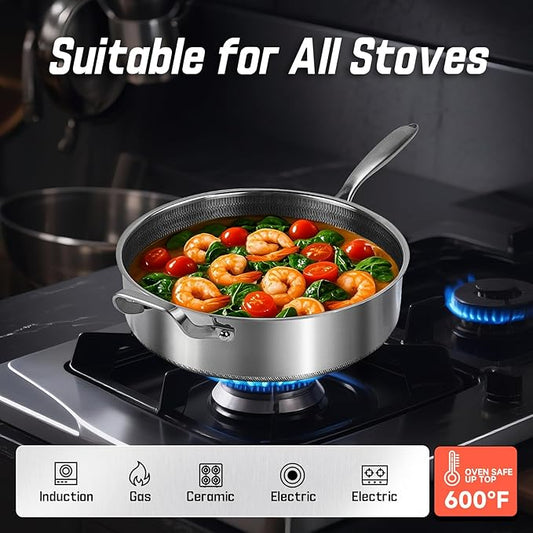 Toutrop Frying Pans Nonstick wih Lid, Non Stick Tri-Ply Stainless Steel Saute Pan, 7 Quarts Large Sauté Pan, 12 Inch Induction Cooking Pan, Dishwasher and Oven Safe, PFOA Free