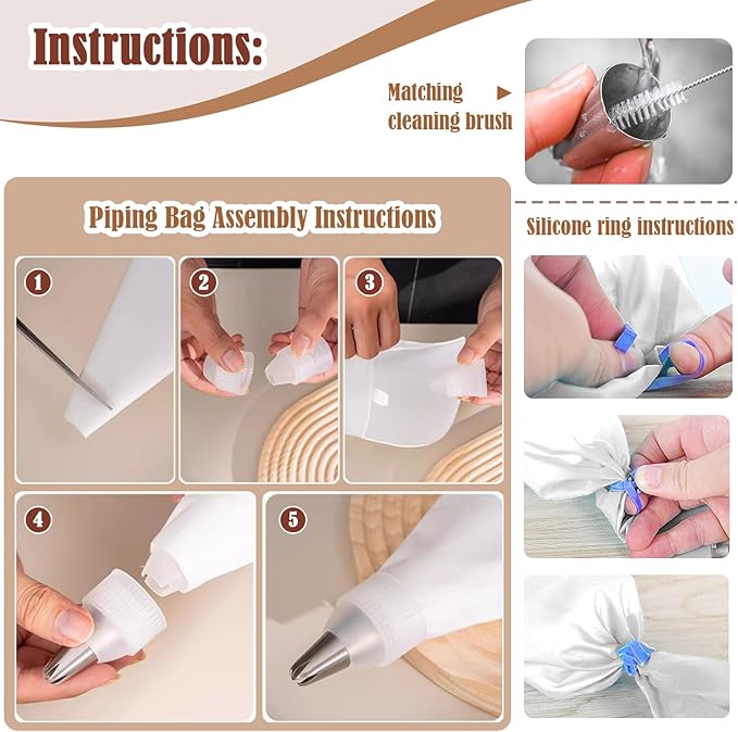 14-Piece Reusable Piping Bags and Tips Set- Cotton Baking Kit with Coupler, Stainless Steel Nozzles,Silicone Cable Ties& Cleaner for Cakes/Cupcakes/Cookies Decorating (14)