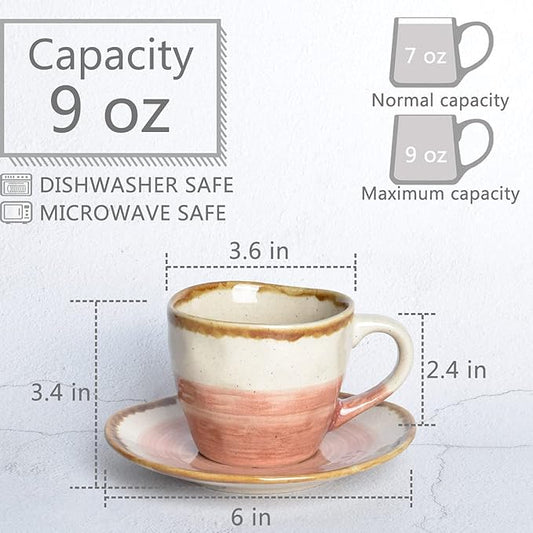 Bosmarlin Stoneware Coffee Cup Mug with Saucer Set of 2 for Latte, Cappuccino, Tea, Oz, Dishwasher and Microwave Safe (Salmon Pink, 2)