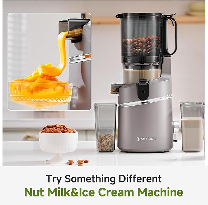 AMZCHEF Juicer Machines, 5.8" Extra Self-Feeding Cold Press Juicer for Whole Vegetable & Fruit, Juice Extractor Machine with Large Auger & Triple Strainers, Easy to Clean, High Juice Yield, Grey