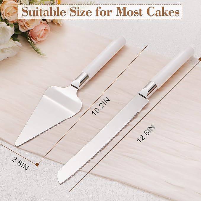 TUKDAK Cake Cutting Set for Wedding, Wood Cake Knife and Server Set, Vintage 2-Piece Pie Cake Cutter, White Pizza Dessert Utensils Bridal Anniversary Birthday Quinceañera Gift (White)