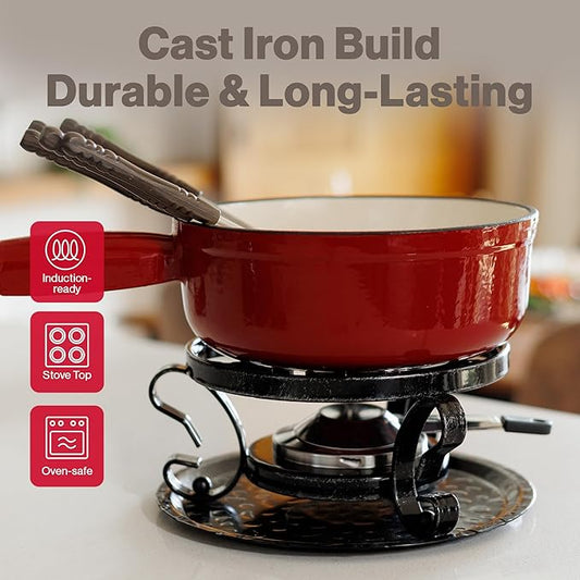 Swissmar Lugano Cast Iron Cheese Fondue Pot Replacement, 2 QT / 2 L - Compatible with Swissmar Lugano Fondue Sets - Ideal for Melting Cheese, Chocolate, & Caramel - Cherry Red