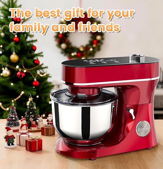 Bonnor Stand Mixer 6QT Kitchen Mixer with LED Smart Touchscreen, 11-Speed Tilt-Head Mixer with Timer, 4 Preset Menus, Stainless Steel Bowl, Dough Hook, Whisk, Beater,Red