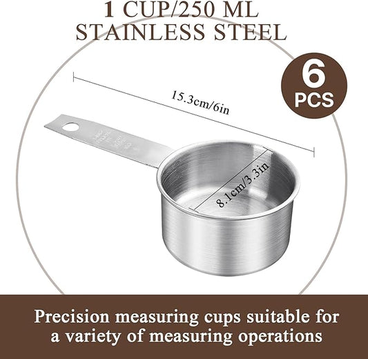 6 pcs 1 Cup Measuring Cup, Stainless Steel Measuring Cups, 250 ml | 240 cc | 8 oz | Engraved Marking Single Measuring Scoops, Metal Measuring Cup for Kitchen Baking & Cooking