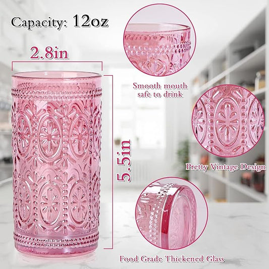 Darlion 6 Pack Pink Glassware Drinking, 12oz Highball Embossed Beverage Glass Cup, Vintage Drinking Glasses, Colored Water Glasses for Party Wedding Home Office and Gift