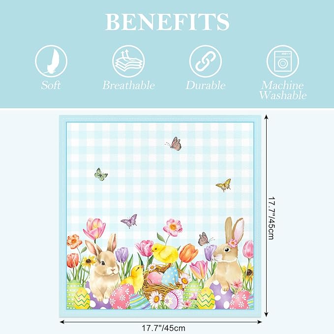 Easter Bunny Napkins, 18×18 Inch Egg Flower Butterfly Dinner Cloth Napkins Set of 6, Washable Cotton Soft Absorbent Square Napkins for Dining Kitchen Party Wedding Decoration