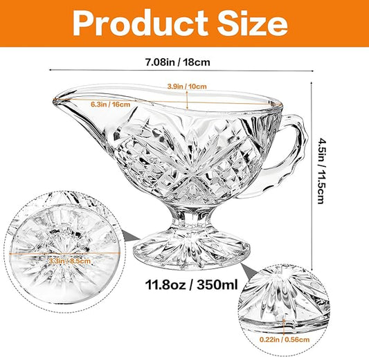 2 Pack 11.8 oz Glass Gravy Boat with Handle, Clear Gravy Sauce Boat Crystal Gravy Bowl for Dining, Salad Dressings, Black Pepper, Broth, Thanksgiving