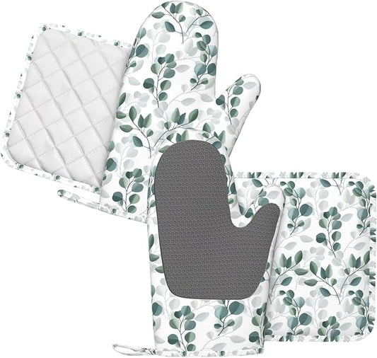 Green Eucalyptus Silicone Oven Mitts and Pot Holders Sets Green White Botanical Leaves Kitchen Mitts Green Leaf Plant Potholder Kitchen Accessories for Cooking Baking BBQ